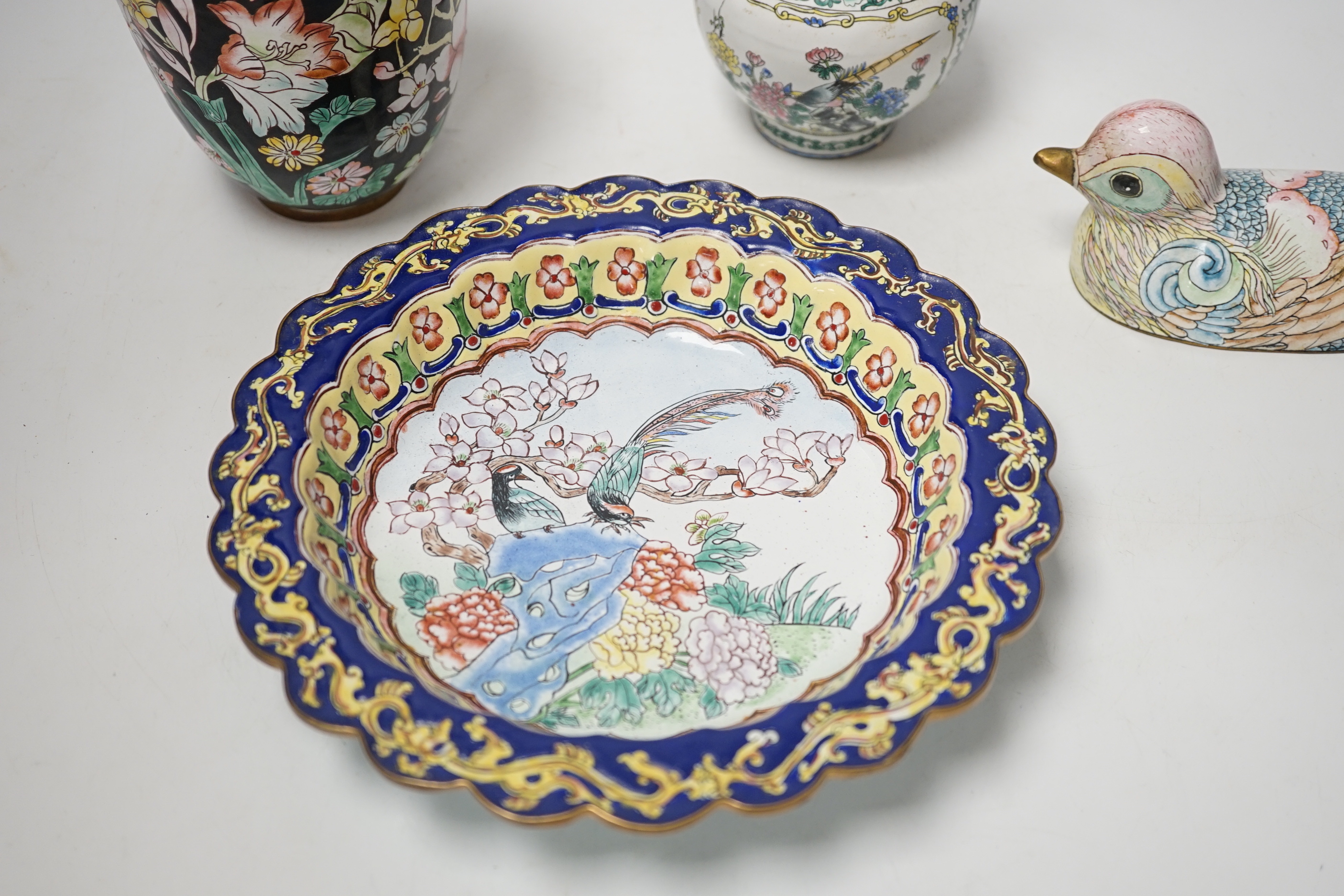 Two Chinese Canton (Guangzhou) enamel vases, a bowl and a 'duck' box and cover (4)